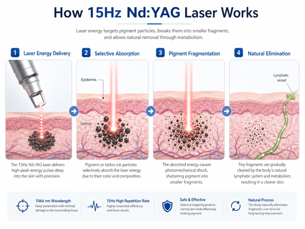 15Hz Nd:YAG Laser Machine 15Hz Nd YAG laser working principle showing laser energy delivery pigment absorption fragmentation and natural elimination