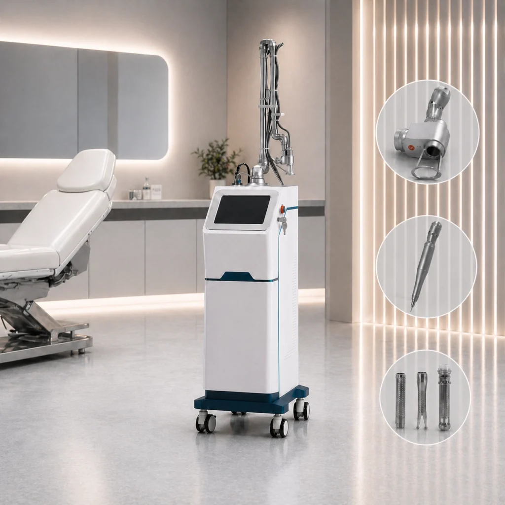 40W Vertical Fractional CO2 Laser Machine 40W fractional CO2 laser machine with articulated arm and multiple handpieces for versatile clinical applications