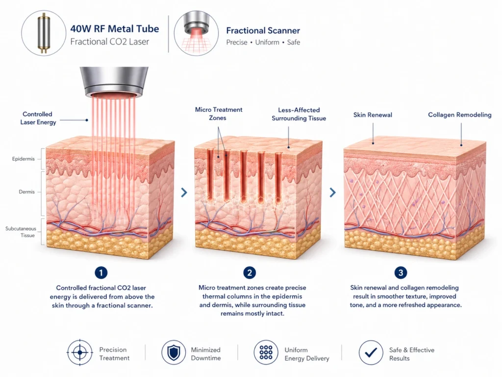 30W Desktop Fractional CO2 Laser Machine Fractional CO2 laser working principle showing RF metal tube laser energy micro treatment zones skin renewal and collagen remodeling