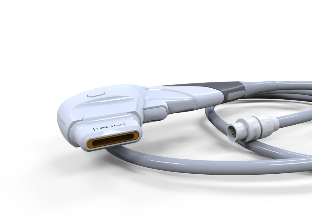 HIFU skin tightening handpiece close-up with cartridge for professional facial lifting treatment