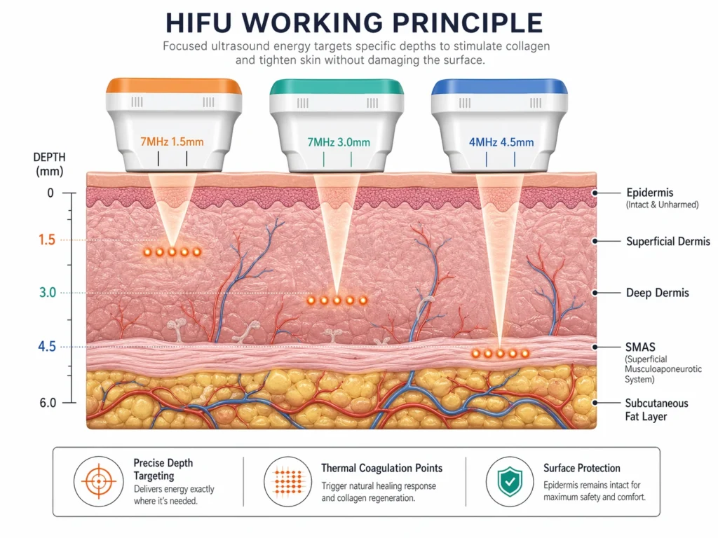 HIFU working principle showing focused ultrasound energy targeting 1.5mm 3.0mm and 4.5mm skin depths for lifting and collagen stimulation
