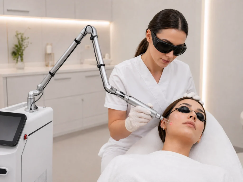 Pico laser treatment demonstrating ultra-short pulse technology for advanced aesthetic applications