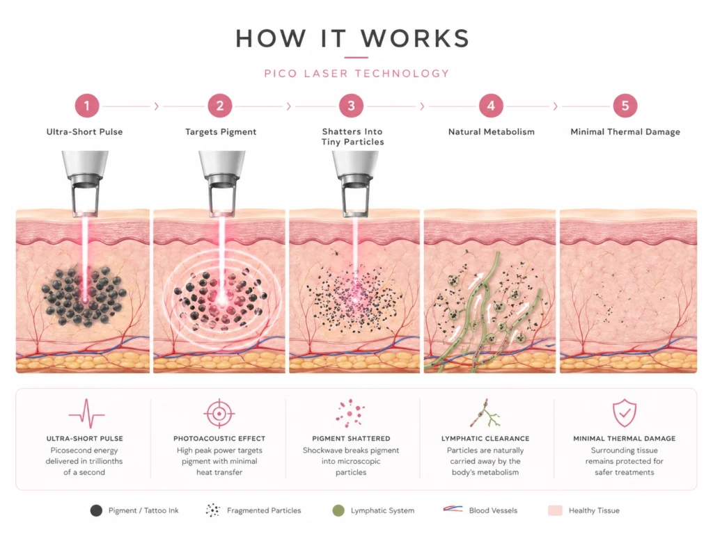 Pico laser working principle showing ultra-short pulse technology targeting pigment shattering particles and supporting natural metabolism with minimal thermal damage
