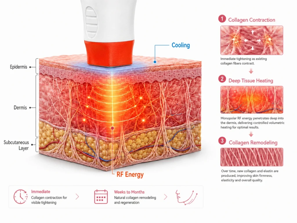 RF skin tightening working principle showing cooling RF energy deep tissue heating collagen contraction and collagen remodeling