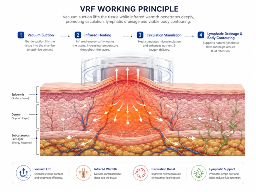 VRF vacuum infrared system working principle showing vacuum suction infrared heating circulation stimulation lymphatic drainage and body contouring support
