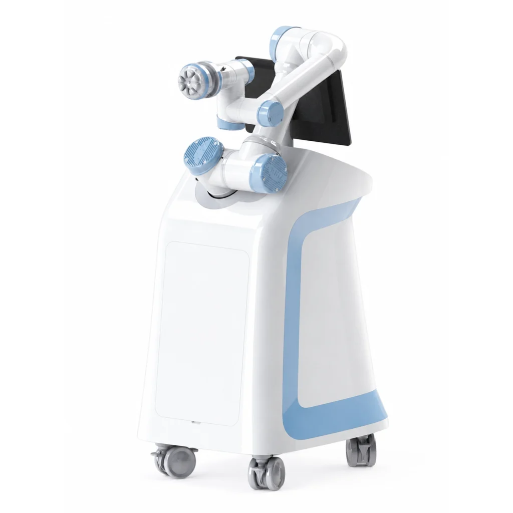 AI massage robot rear view with robotic arm