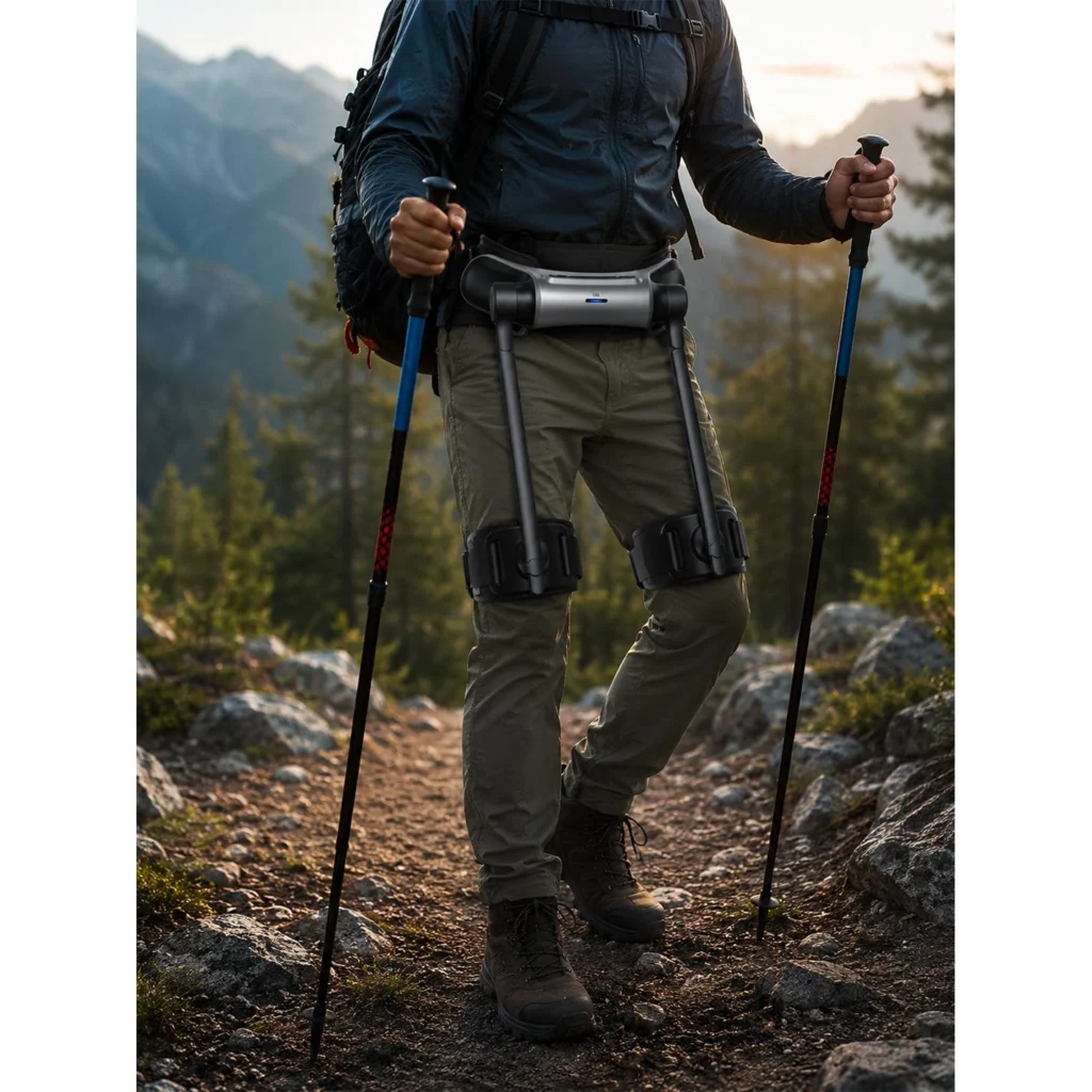 AI walking assist exoskeleton used with trekking poles
