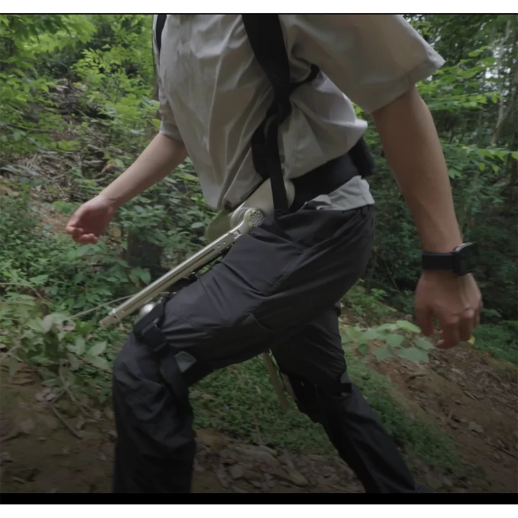 AI walking assist exoskeleton used on a forest trail